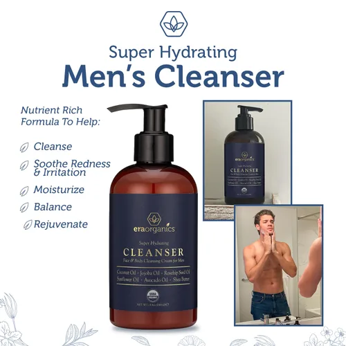 Vista 5 de Era Organics Lavado facial orgánico USDA para hombre, nutritivo, hidratante facial, limpiador corporal para una piel más suave
