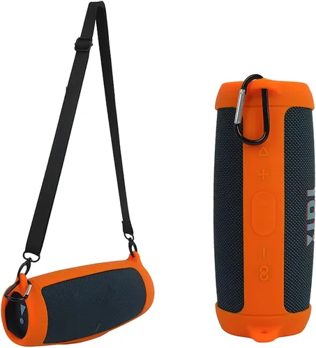 Vista 9 de Funda de silicona para altavoz Bluetooth J.BL Charge 5, funda protectora de viaje portátil con correa para el hombro y mosquetón (negro)