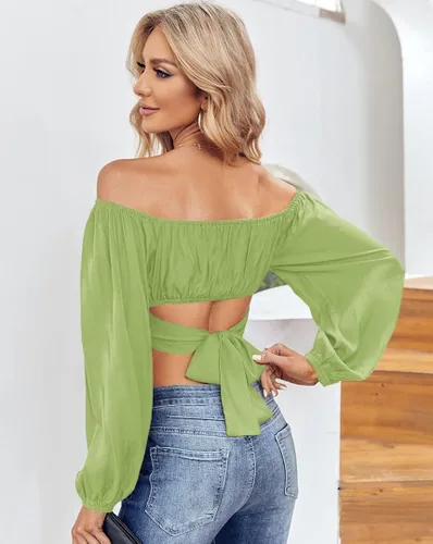 Vista 3 de MIRACMODA Blusa corta de verano con hombros descubiertos y manga farol para mujer