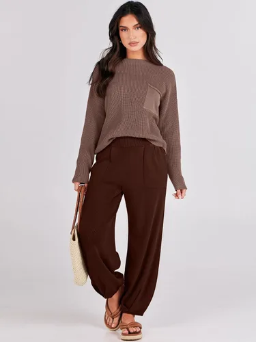 Vista 3 de Prinbara Conjunto de 2 piezas para mujer, suéter de punto para otoño, pantalones de gran tamaño, conjunto casual de descanso