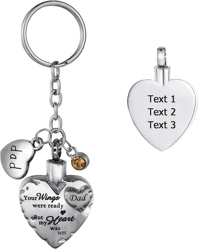 Vista 32 de Joyería de cremación de acero inoxidable con texto en inglés "Your Wings were Ready but My Heart was Not Memorial", llavero de urna para cenizas