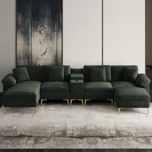 Vista 19 de OUYESSIR Sofá modular en forma de L, sofá de terciopelo de 3 plazas con otomana y almohadas, cómodo sofá cama tapizado para sala de estar, Verde
