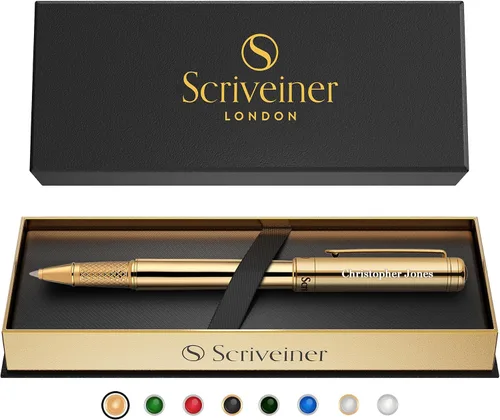 Vista 17 de Scriveiner Bolígrafo Rollerball de Laca Negra - Impresionante Bolígrafo de Lujo, Chapado en Oro Real, Repuesto de Tinta Schmidt, El Mejor Set de 1.