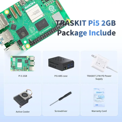 Vista 2 de TRASKIT Kit básico para Raspberry Pi 5 2 GB de RAM, fuente de alimentación PD de 27 W, estuche PI5, enfriador activo y placa única Pi 5 de 2 GB