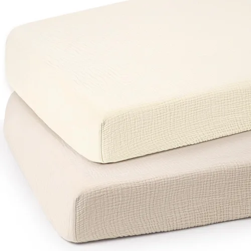Vista 10 de Sábanas de cuna de muselina lulumoon para bebé: Sábanas ajustadas y transpirables para cuna de niños - Hojas de hoja de árbol verde para cuna
