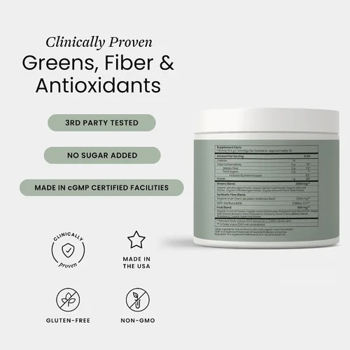 Vista 2 de Perelel Synbiotic Greens - Mezcla de superalimentos con frutas, verduras, probióticos, fibra, espirulina y clorella, suplemento de verduras diarias
