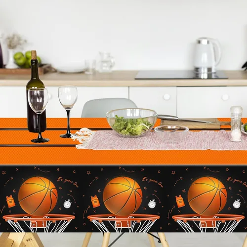 Vista 5 de CMUSKO Mantel de baloncesto, 3 piezas de decoración de cumpleaños de baloncesto, manteles rectangulares de plástico, manteles desechables