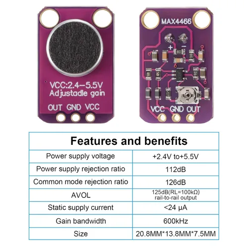 Vista 2 de Weewooday Max4466 Electret - Módulo amplificador de micrófono con ganancia