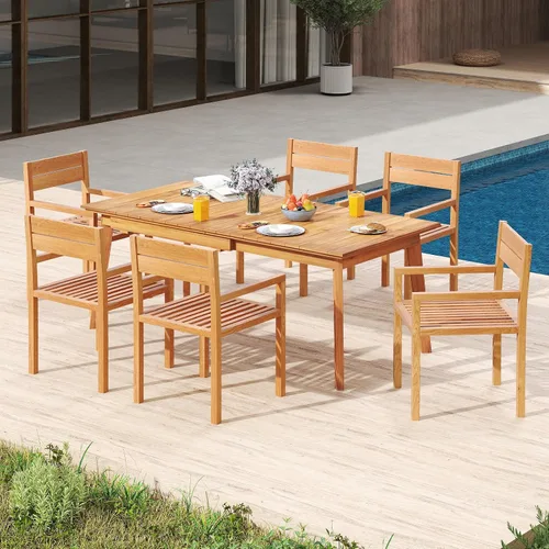 Vista 7 de Tangkula Silla de madera de teca para exteriores, sillón de comedor con asiento y respaldo de tablillas, muebles de asiento de madera maciza