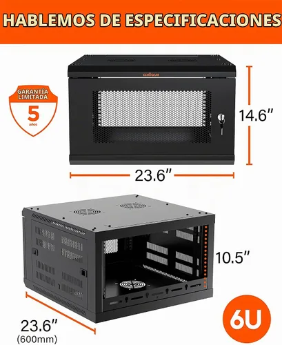 Vista 9 de ECHOGEAR 6U Rack de Red - Kit de Rack de Pared Montado en la Pared Incluye 2X Estantes de 1U, Ventilador Premontado, Puerta con Cerradura y Hardware