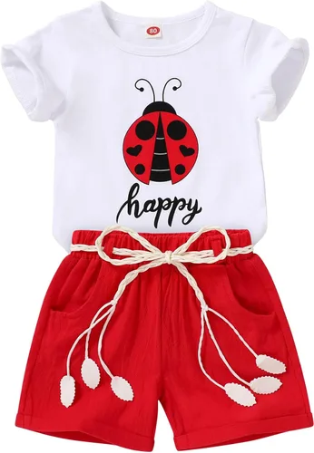 Vista 18 de YOUNGER TREE - Conjunto de ropa para bebés y niñas, camiseta de sandía y pantalones cortos de lino con cinturón, conjunto de verano lindo Abeja feliz