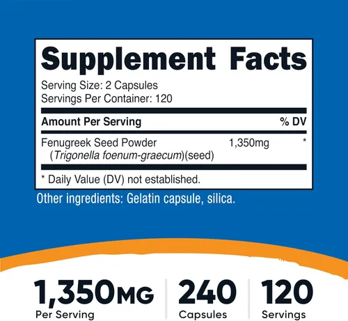 Vista 2 de Semillas Nutricost Fenugreek 0.026 oz; 200 cápsulas, 1 botella, 1