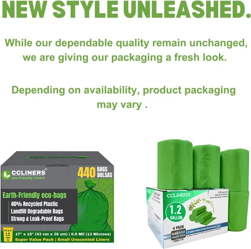 Vista 2 de Bolsas de basura pequeñas biodegradables de 1.2 galones (440 quilates) de 5 litros, ecológicas, color verde, mini bolsas de basura de 1 galón