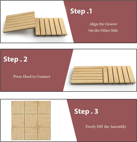 Vista 4 de Giantex Suelo de madera entrelazado para patio, azulejos de madera de acacia, adoquines de patio, montaje sin herramientas, suelo compuesto