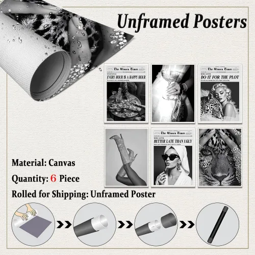 Vista 3 de Juego de 6 láminas de arte de pared feminista en blanco y negro – Impresiones elegantes estilo academia, preppy, glam, retro al estilo de periódico