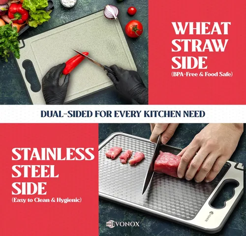 Vista 3 de Tabla de cortar de acero inoxidable para cocina, tabla de cortar de doble cara de grado alimenticio, ligera, apta para lavavajillas, fácil