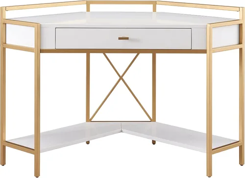 Vista 4 de Leick Home 9230-WTGL Claudette - Escritorio de oficina con esquina de metal y madera mixta con cajón frontal para teclado, blanco/dorado satinado