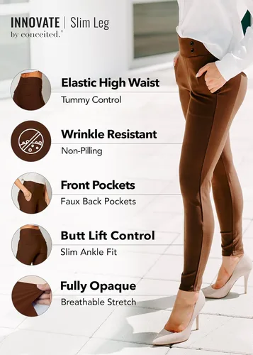 Vista 2 de Conceited Women's Premium Stretch Slim Leg Dress Pants with Pockets - Wear to Work - Ponte Treggings