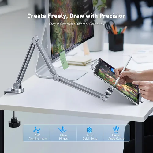 Vista 2 de AboveTEK Soporte para iPad 2 en 1 para escritorio, brazo de aluminio para iPad con abrazadera y cabezal de anillo magnético, soporte ajustable