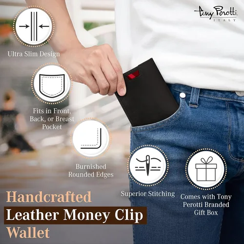 Vista 5 de Tony Perotti Cartera de piel italiana ultrafina RFID para hombre, bolsillo frontal con clip para dinero con ranuras para tarjetas de crédito