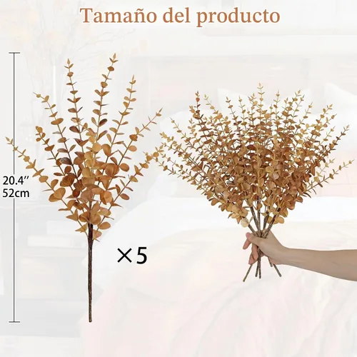 Vista 4 de GnFlus 5 tallos artificiales de eucalipto de otoño, hojas de eucalipto, ramas de hojas de otoño, decoraciones de otoño con hojas de otoño de espuma