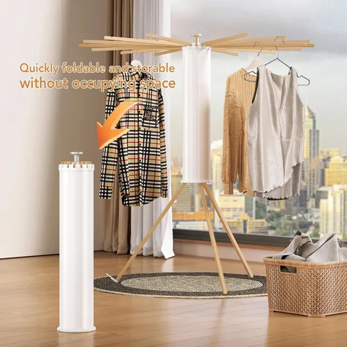 Vista 7 de Trípode plegable para secado de ropa, madera de haya y soporte de lavandería portátil, colgador plegable que ahorra espacio con 16 brazos
