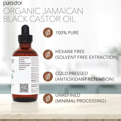 Vista 5 de PURA D'OR 4 Oz Aceite de Ricino Orgánico Jamaicano Negro - Aroma Natural Ahumado - 100% Puro Certificado USDA Prensado en Frío, Libre de Hexano