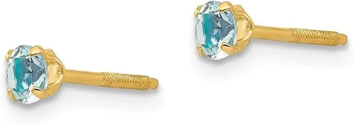 Vista 3 de Aretes de oro amarillo pulido de 14 quilates, 0.118 in, aguamarina para niños o niñas, medidas 0.157x0.157 in, Metal Gema, Aguamarina no conocido