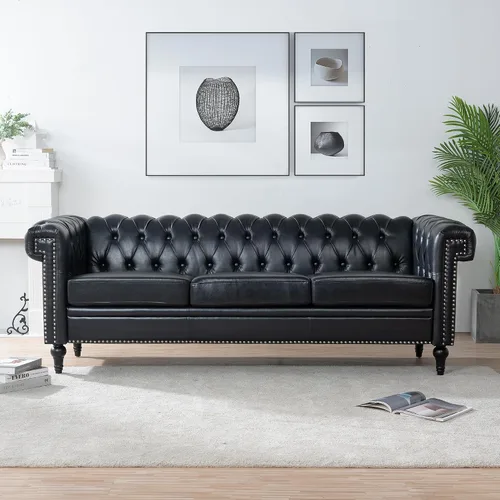 Vista 3 de Sofá Chesterfield moderno de tres plazas, sofá de piel sintética con brazos cuadrados, cómodos sofás para sala de estar, oficina, sala de recepción