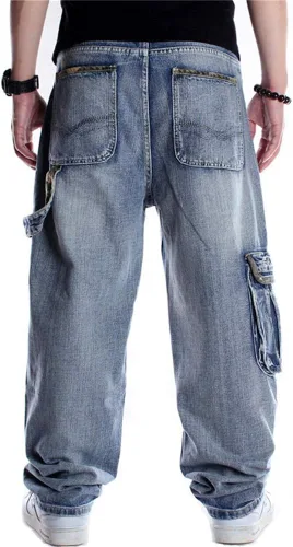 Vista 2 de LUOBANIU Pantalones de mezclilla holgados para hombre, pantalones de hip hop, ajuste holgado, estilo vintage de los años 90, pantalones cargo