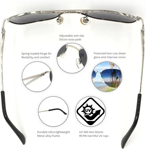 Vista 3 de J+S Lentes de sol de aviador cuadrados clásicos de estilo militar, polarizados, 100% protección UV para hombres y mujeres