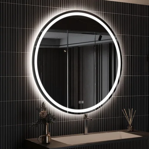 Vista 15 de ROOMTEC Espejo de baño LED redondo de 28 pulgadas con luces, espejo de tocador circular con parte delantera y retroiluminada, marco de aluminio