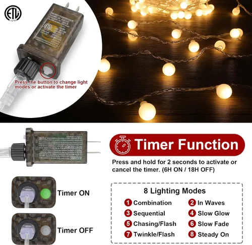Vista 2 de Luces de Navidad de 33 pies para interiores, 100 luces LED para interiores, cadena de luces de globo para dormitorio, 8 modos con control remoto