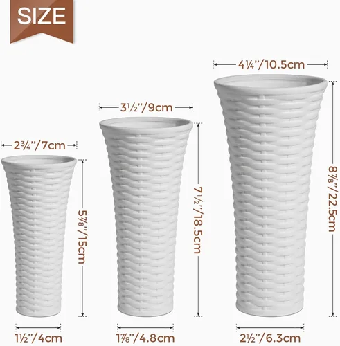 Vista 2 de ComSaf - Jarrones blancos para decoración de cerámica, juego de 3, jarrones de porcelana únicos para decoración del hogar, jarrones estilo ratán