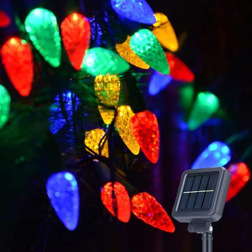 Vista 10 de Luces solares de Navidad para exteriores, cadena de luces C6 de fresa, luces de Mardi Gras, 100 LED, 8 modos, impermeable, uso al aire libre