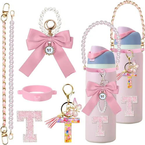 Vista 116 de 6 piezas de accesorios con letras para botella de agua Owala 24 oz 32 oz 40 oz, con lindos dijes iniciales y correa para el asa, compatible