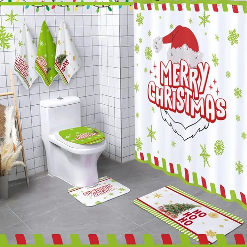 Vista 12 de Newwiee Juego de 7 Piezas para Baño de Navidad Decoración de Cortina de Ducha Xmas Cortina de Ducha Alfombras Antideslizantes y Toallas de Cocina 3