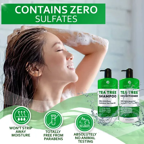 Vista 6 de BELLISSO Champú de aceite de árbol de té, juego de acondicionador y suero, sin sulfatos, hidratante, calmante para la picazón del cuero cabelludo