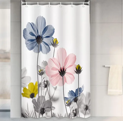 Vista 13 de MERCHR Cortina única floral azul para decoración de baño, cortina de ducha estilo granja con flores de margarita azul y gris elegantes y diseño