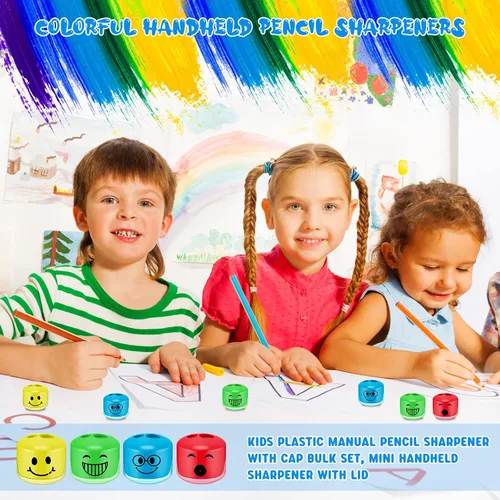Vista 6 de Crtiin 24 sacapuntas para niños, para el aula, caricatura, sonrisa, sacapuntas pequeños, manual de mano, doble agujero, regalos para la escuela