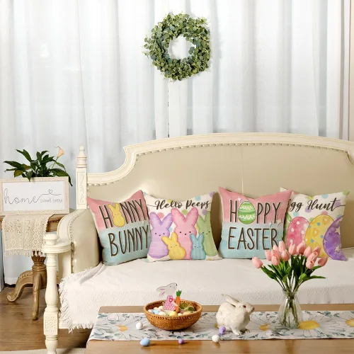 Vista 4 de GEEORY Happy Easter Eggs Hello Peeps - Juego de 4 fundas de almohada de 18 x 18 pulgadas, diseño de conejito de conejito con lunares, decoración
