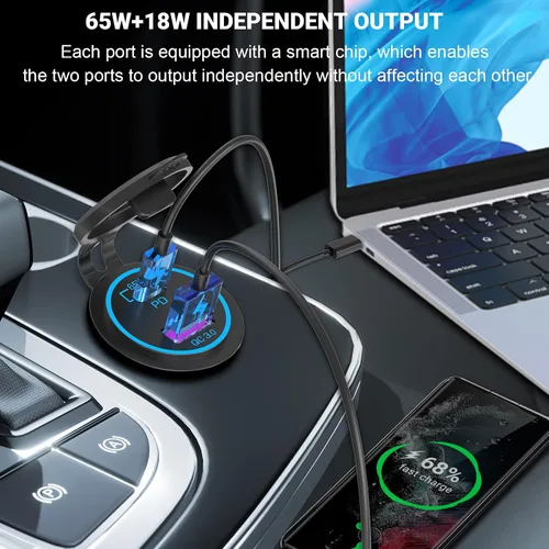 Vista 4 de Cargador de Portátil con Toma USB de 83W 12V: Paquete de 2 de 65W USB-C PD3.0 y 18W QC3.0 Puerto Múltiple para Coche Toma de 12V Impermeable