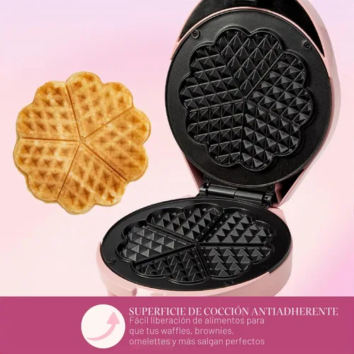 Vista 5 de Paris Hilton Máquina para hacer waffles de corazón, hace 5 mini waffles en forma de corazón o 1 waffle individual, placas antiadherentes fáciles