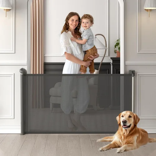 Vista 6 de Puerta retráctil para bebé, puerta de bebé para escaleras con bloqueo automático, puertas para perros para seguridad en puertas, se extiende hasta