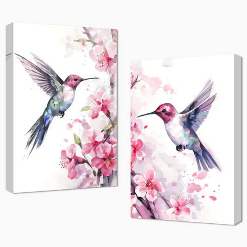 Vista 7 de QIXIANG Lienzo decorativo para pared, 2 piezas, acuarela, colibríes y flores, naturaleza, impresiones para cocina, dormitorio, oficina, decoración
