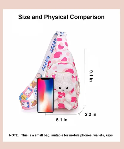 Vista 3 de Hiflyer Mochila bandolera para niños, mini bolso cruzado Kawaii para el pecho para niñas de viaje, Rosado, Pequeño, Mochilas Sling