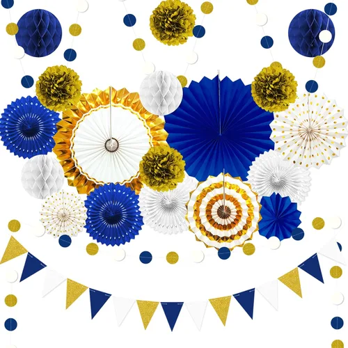 Vista 9 de Juego de 24 piezas de decoración de fiesta de cumpleaños azul marino dorado para baby shower with Hanging Paper Fans Pom Poms Flowers Garland
