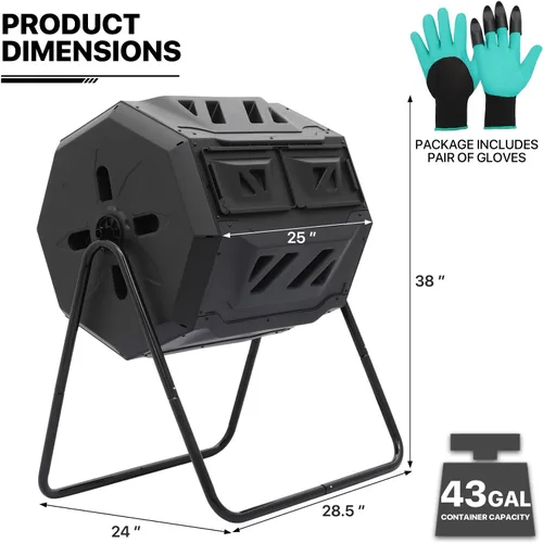 Vista 2 de MoNiBloom Compostador Giratorio de 43 Galones, Exterior Sin BPA Gran Cámara Doble Contenedor de Compost Giratorio Todas las Estaciones Trabajo