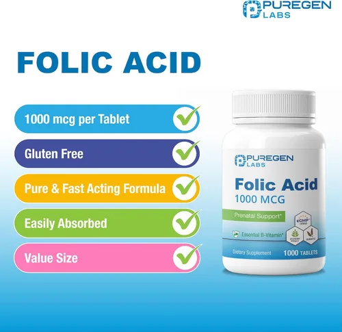 Vista 3 de Puregen Labs - Tabletas de ácido fólico de 1000 mcg Vitamina B9 Sin OMG Sin gluten Tamaño de valor de 1000 comprimidos