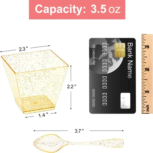 Vista 2 de Mini tazas de postre con purpurina dorada de 3.5 onzas con cucharas, paquete de 50 tazas de postre de plástico dorado para postres pequeños